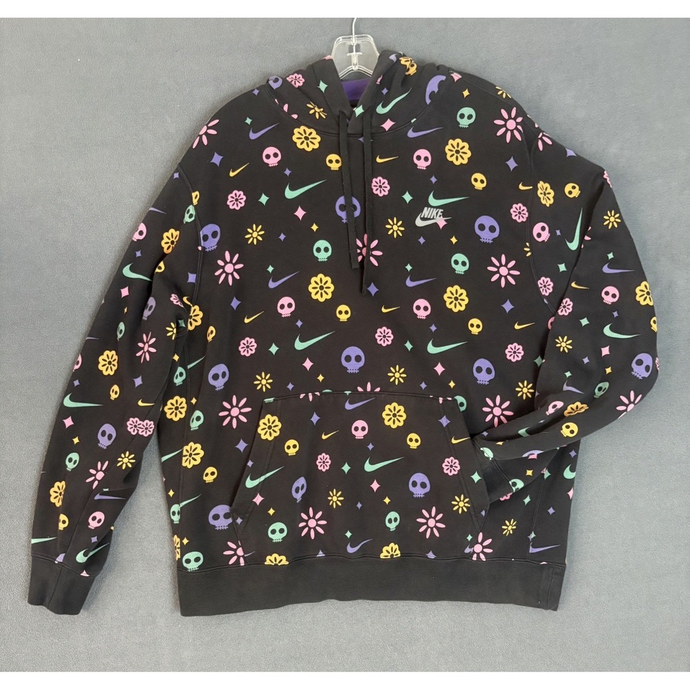 Nike Day of the Dead Club Fleece Pullover Hoodie Black Sugar Skull Size XL